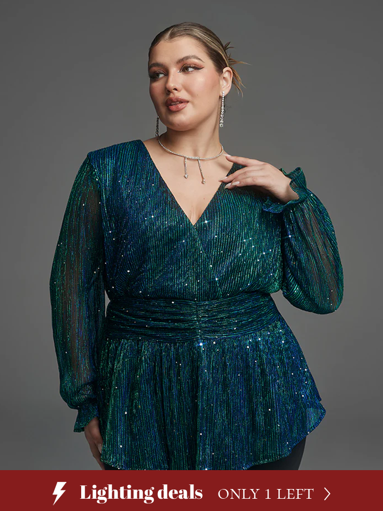 Flounce Sleeve Sequin Peplum Blouse