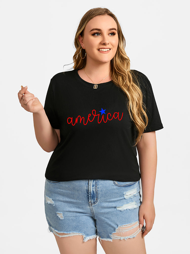Plus Black Letter Print Round Neck Graphic Tee