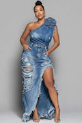 Xpluswear Design Plus Size Party Blue One Shoulder 3D Distressed Denim Two Pieces Skirt Sets