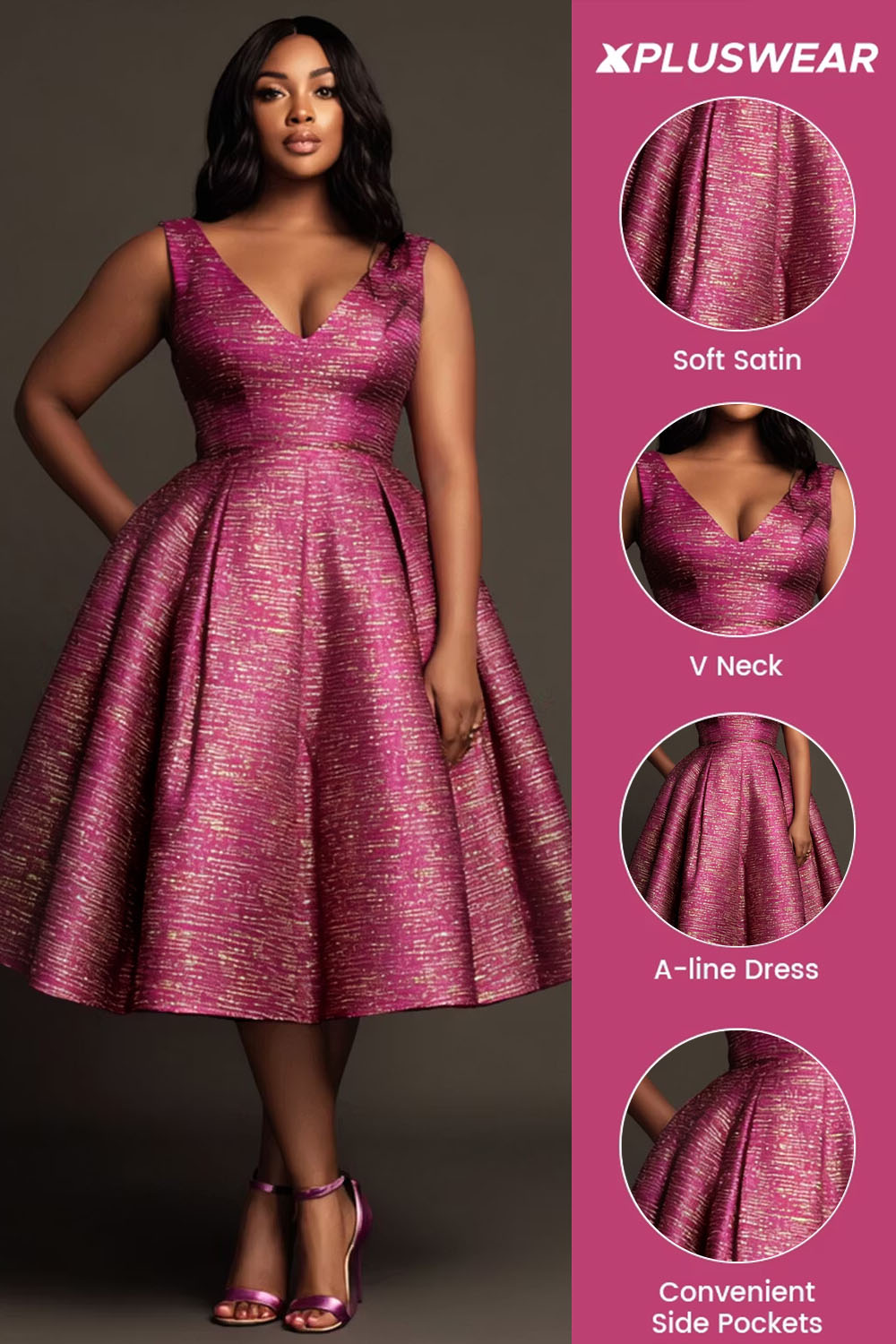 Xpluswear Design Plus Size Cocktail Party Elegant Hot Pink V Neck Pocket Pleated Satin Midi Dresses