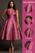 Xpluswear Design Plus Size Cocktail Party Elegant Hot Pink V Neck Pocket Pleated Satin Midi Dresses