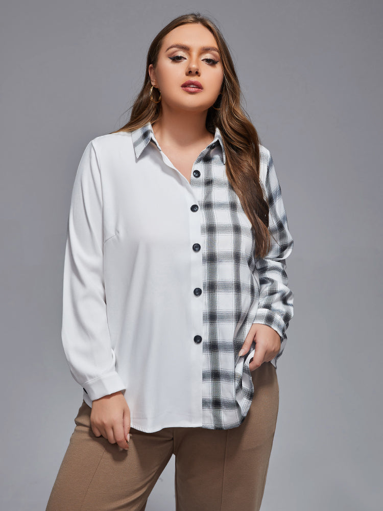 VIP Plus Plaid Patchwork Button Front Blouse