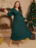Plus V-Neck Belted Lantern Sleeve Maxi Dress