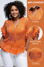 Xpluswear Design Plus Size Daily Orange V Neck Short Sleeve Ruffle Crochet Blouses