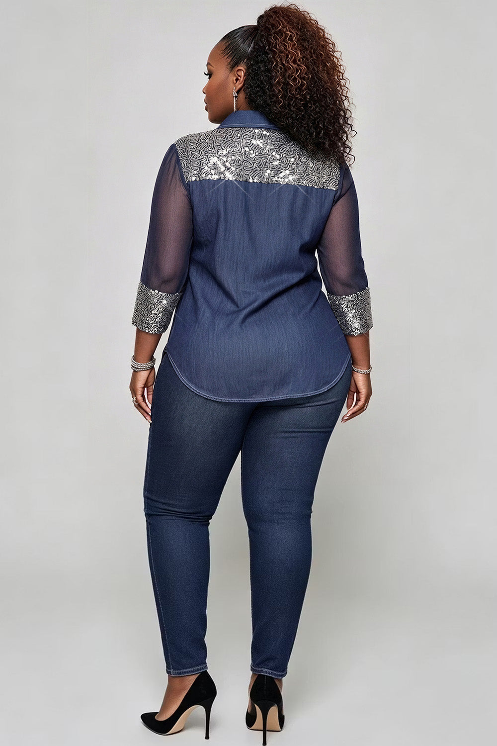 Xpluswear Design Plus Size Party Tulle Blue Shirt Collar 3/4 Sleeve See Through Tencel Denim Blouses