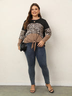 Plus Leopard Round Neck Patchwork Tie Front Ruched Blouse