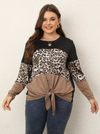 Plus Leopard Round Neck Patchwork Tie Front Ruched Blouse