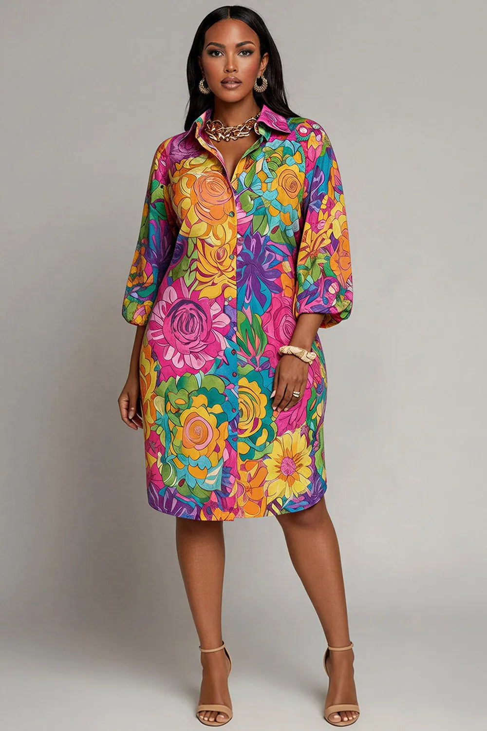 Xpluswear Design Plus Size Party Multicolor Floral Shirt Collar 3/4 Sleeve Pocket Midi Dresses