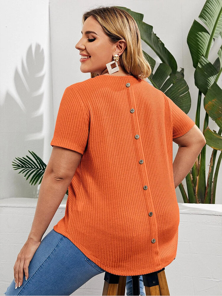 Plus Plain Button Placket Back Curved Hem Tee