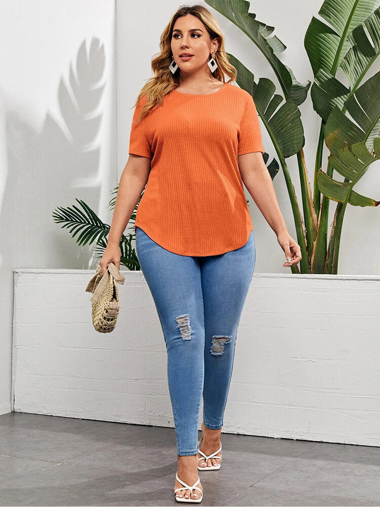 Plus Plain Button Placket Back Curved Hem Tee