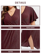 VIP V-Neck Ruffle Sleeve Split Glitter Maxi Dress