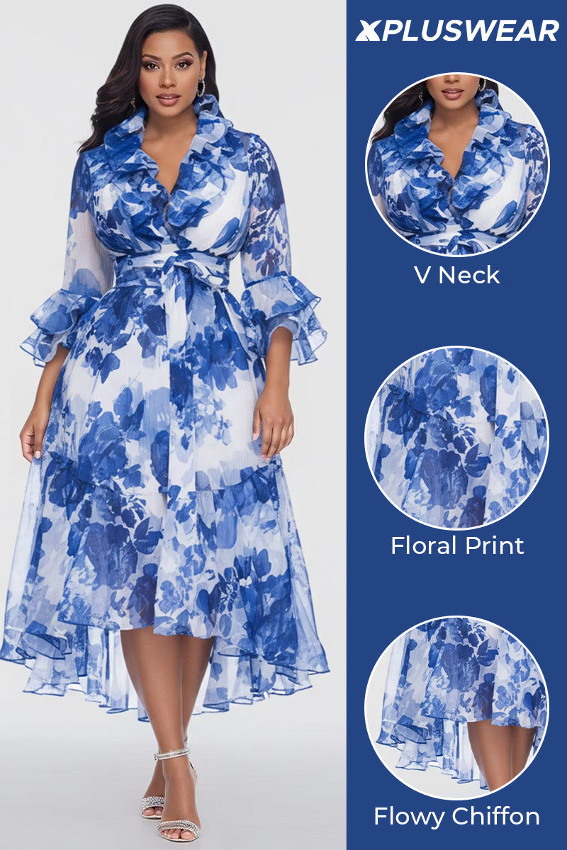 Xpluswear Design Plus Size Vacation Blue Floral V Neck 3/4 Sleeve Ruffle Chiffon Midi Dresses