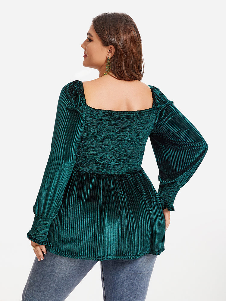 Square Neck Lantern Sleeve Peplum Velvet Blouse