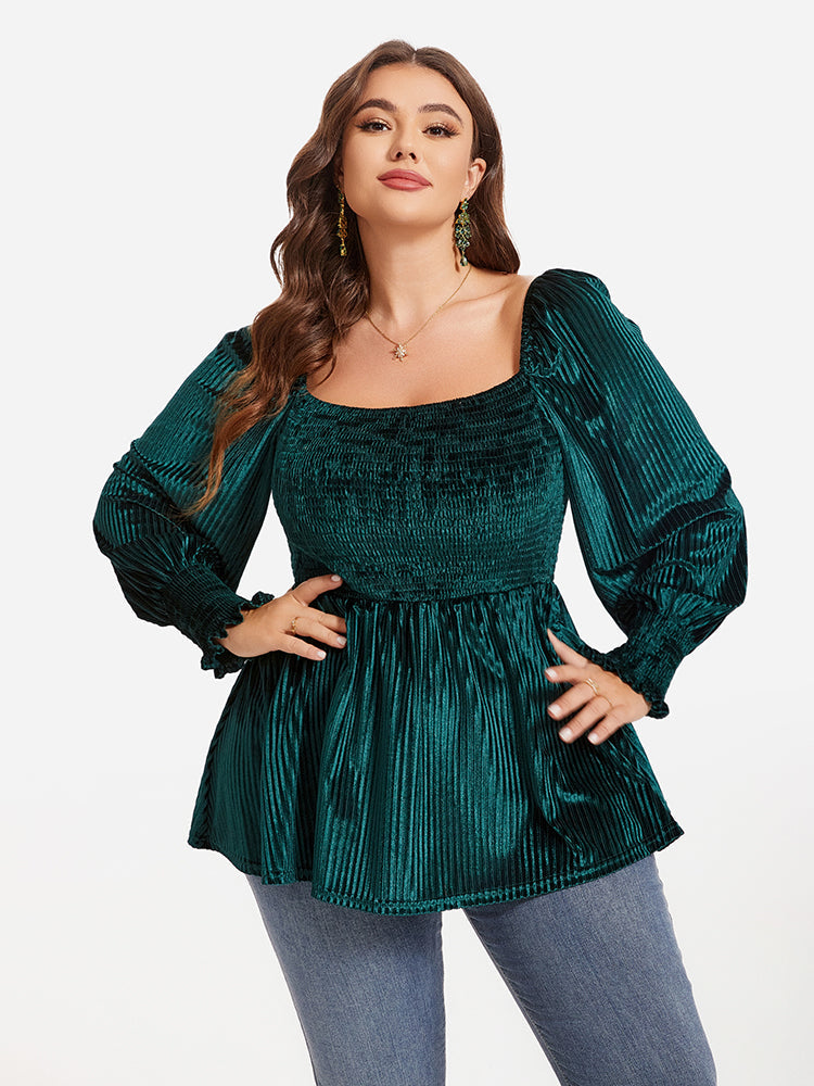Square Neck Lantern Sleeve Peplum Velvet Blouse