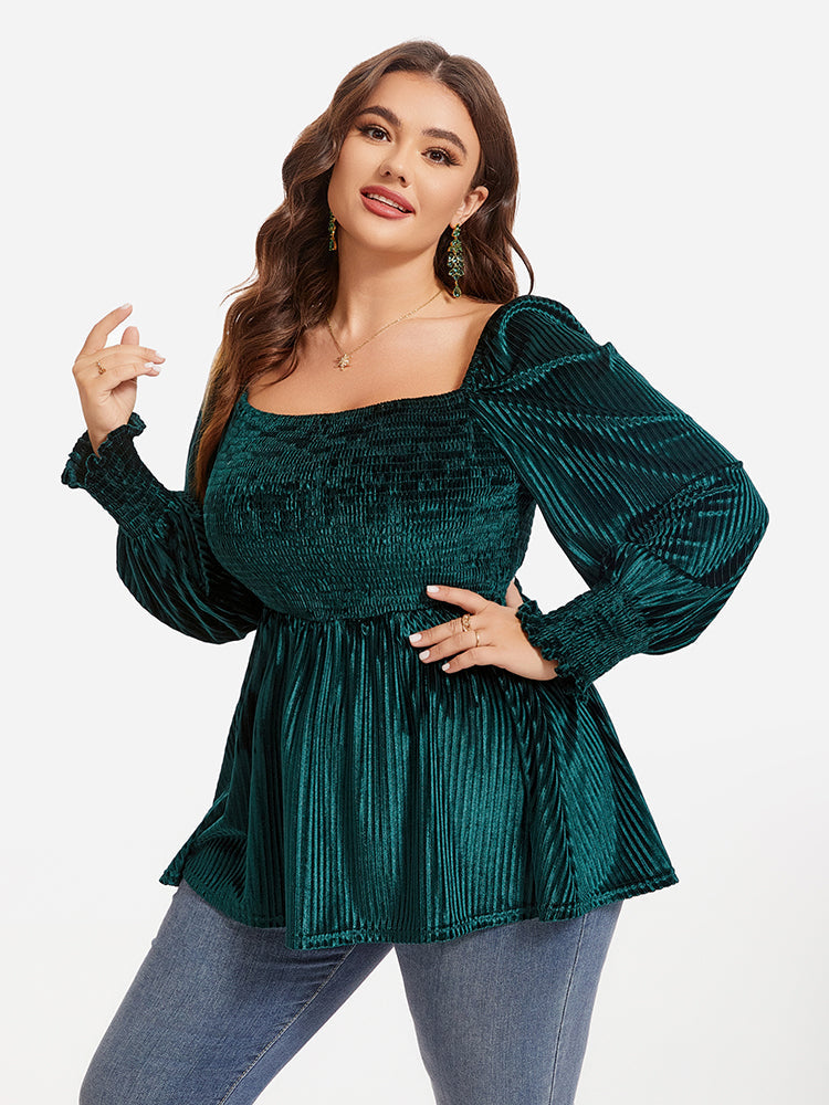 Square Neck Lantern Sleeve Peplum Velvet Blouse