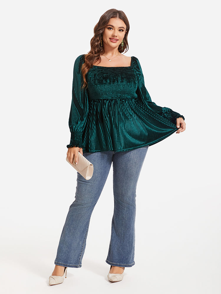 Square Neck Lantern Sleeve Peplum Velvet Blouse