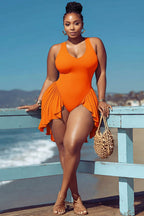 Xpluswear Design Plus Size Beach Orange Round Neck Ruffle Swimsuit Fabric Swimwear Dress