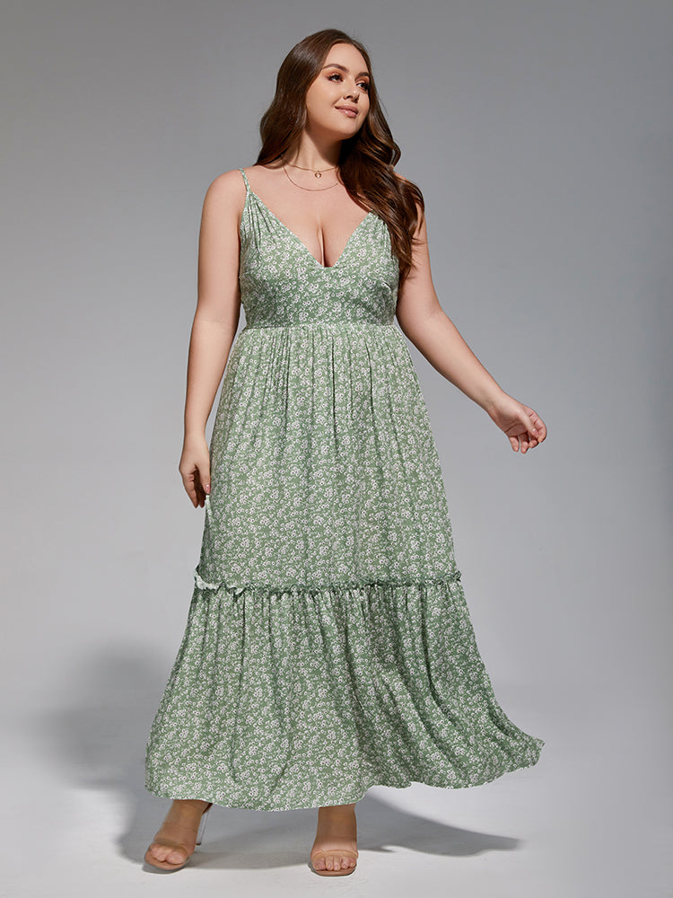 Plus Floral Spaghetti Strap Frill Trim Maxi Dress