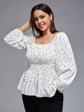 Plus Heart Print Square Neck Shirred Blouse