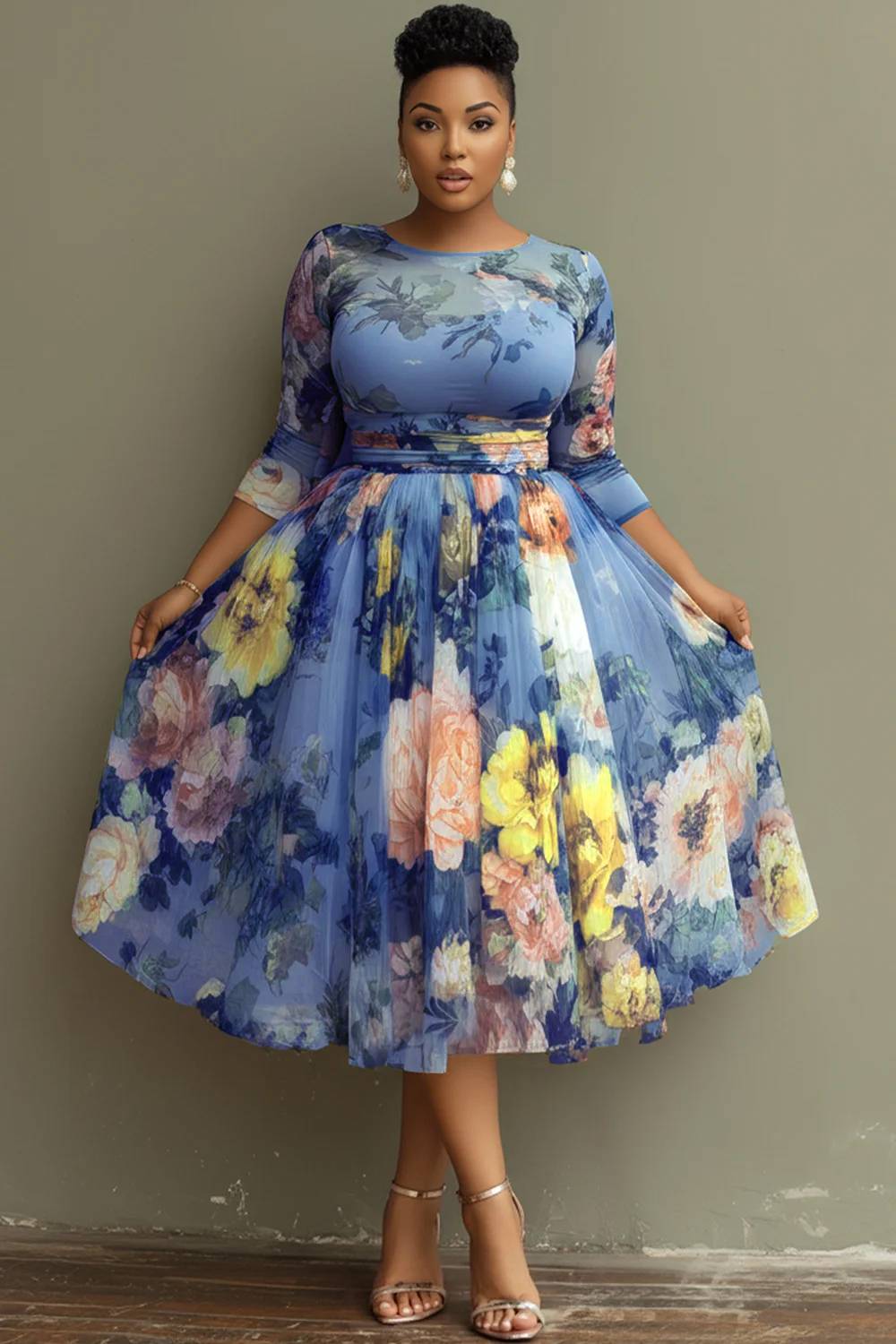 Xpluswear Design Plus Size Vacation Sage Green Floral Round Neck 3/4 Sleeve See Through Tulle Midi Dresses