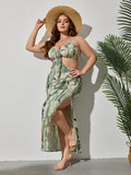 VIP Plus Green Tropical Print Cut Out Tie Front Maxi Dress