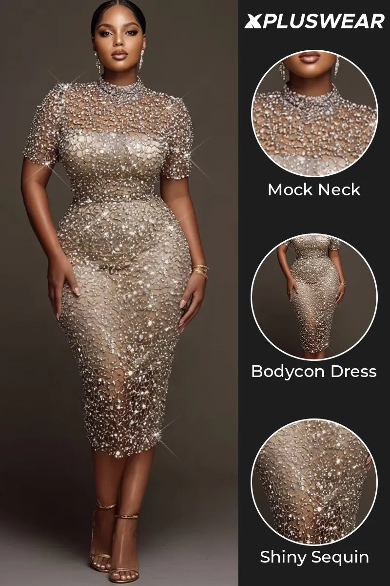 Xpluswear Design Plus Size Party Silver Mock Neck Short Sleeve See Through Sequin Midi Dresses