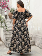 VIP Floral Print Square Neck Lace Detail Dress
