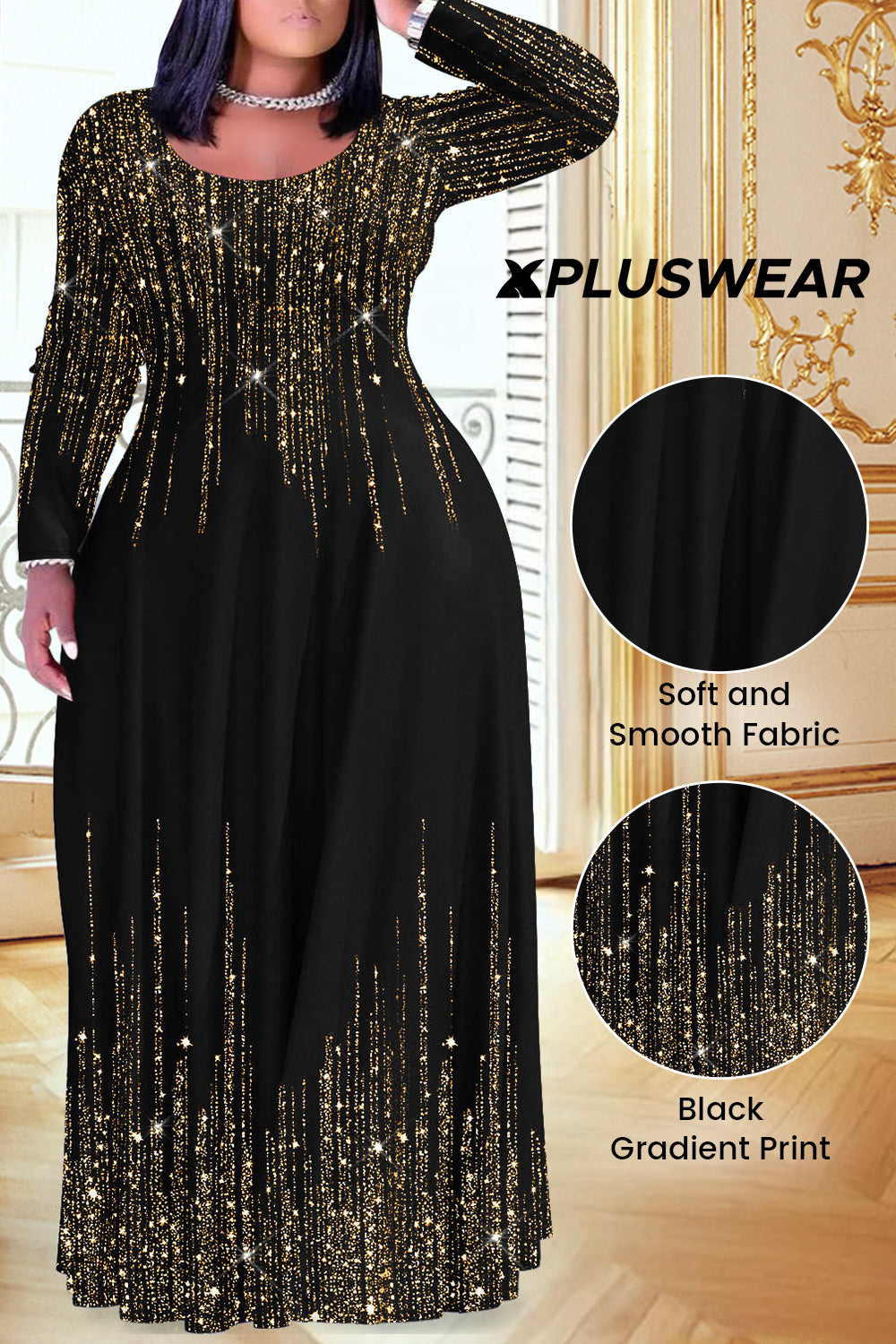 Xpluswear Design Plus Size Christmas Red Gradient Round Neck Long Sleeve Maxi Dresses