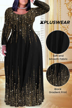 Xpluswear Design Plus Size Christmas Red Gradient Round Neck Long Sleeve Maxi Dresses