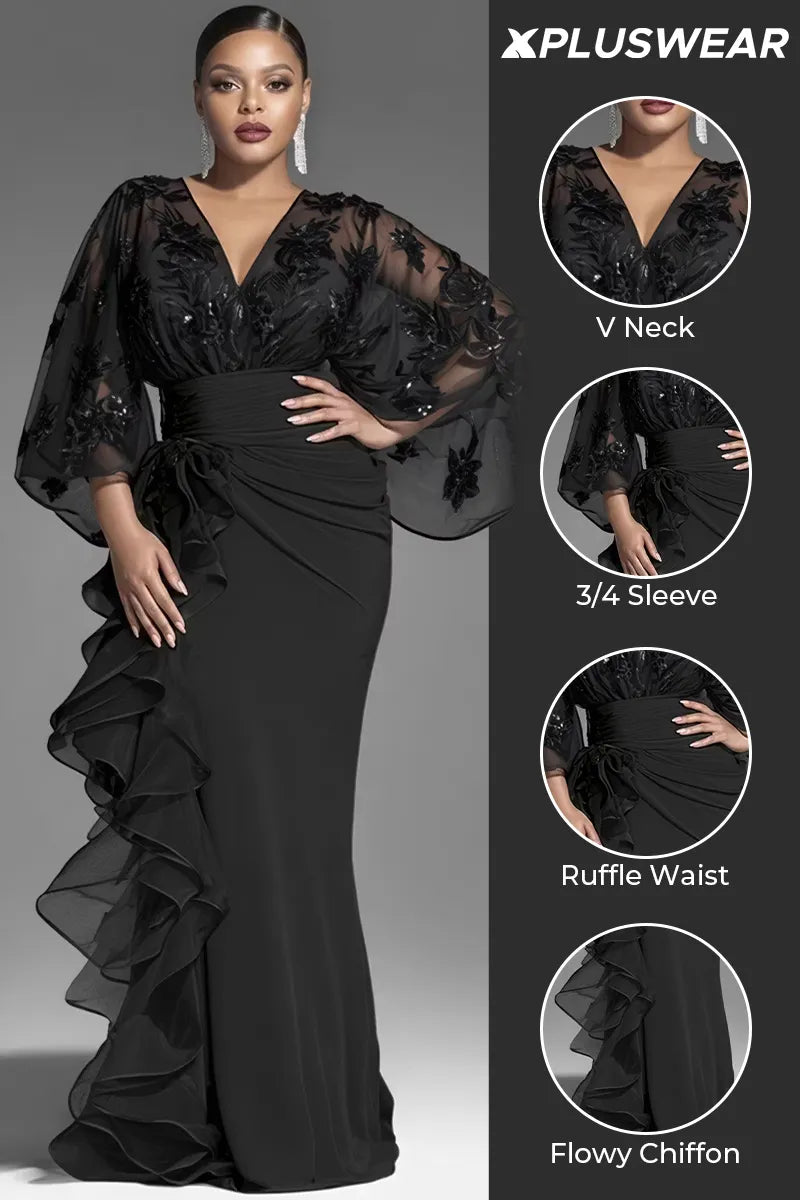 Xpluswear Design Plus Size Formal Black V Neck 3/4 Sleeve Ruffle Contrast Chiffon Maxi Dresses