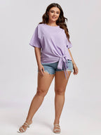 Plus Purple Round Neck Batwing Sleeve Knot Hem Blouse