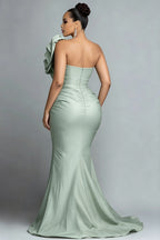 Xpluswear Design Plus Size Formal Sage Green Asymmetrical Collar One Shoulder Asymmetric Hem Irregular Hem Ruffle Satin Maxi Dresses