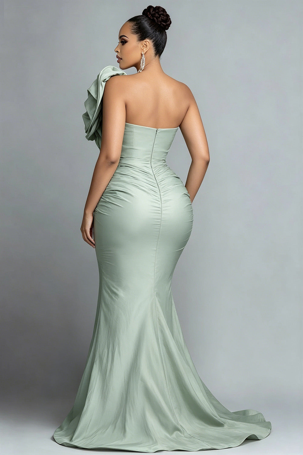 Xpluswear Design Plus Size Formal Sage Green Asymmetrical Collar One Shoulder Asymmetric Hem Irregular Hem Ruffle Satin Maxi Dresses