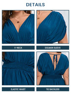 VIP V-Neck Dolman Sleeve Ruched Split Pocket Maxi Dress