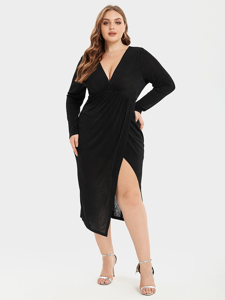 Solid Split Thigh V-Neck Ruched Midi Dress
