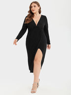 Solid Split Thigh V-Neck Ruched Midi Dress