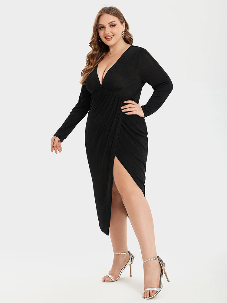 Solid Split Thigh V-Neck Ruched Midi Dress