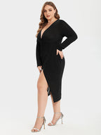 Solid Split Thigh V-Neck Ruched Midi Dress