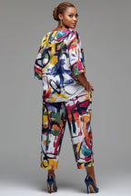Xpluswear Design Plus Size Vacation Multicolor All Over Print Round Neck Flare 3/4 Sleeve Pocket Two Piece Pant Sets