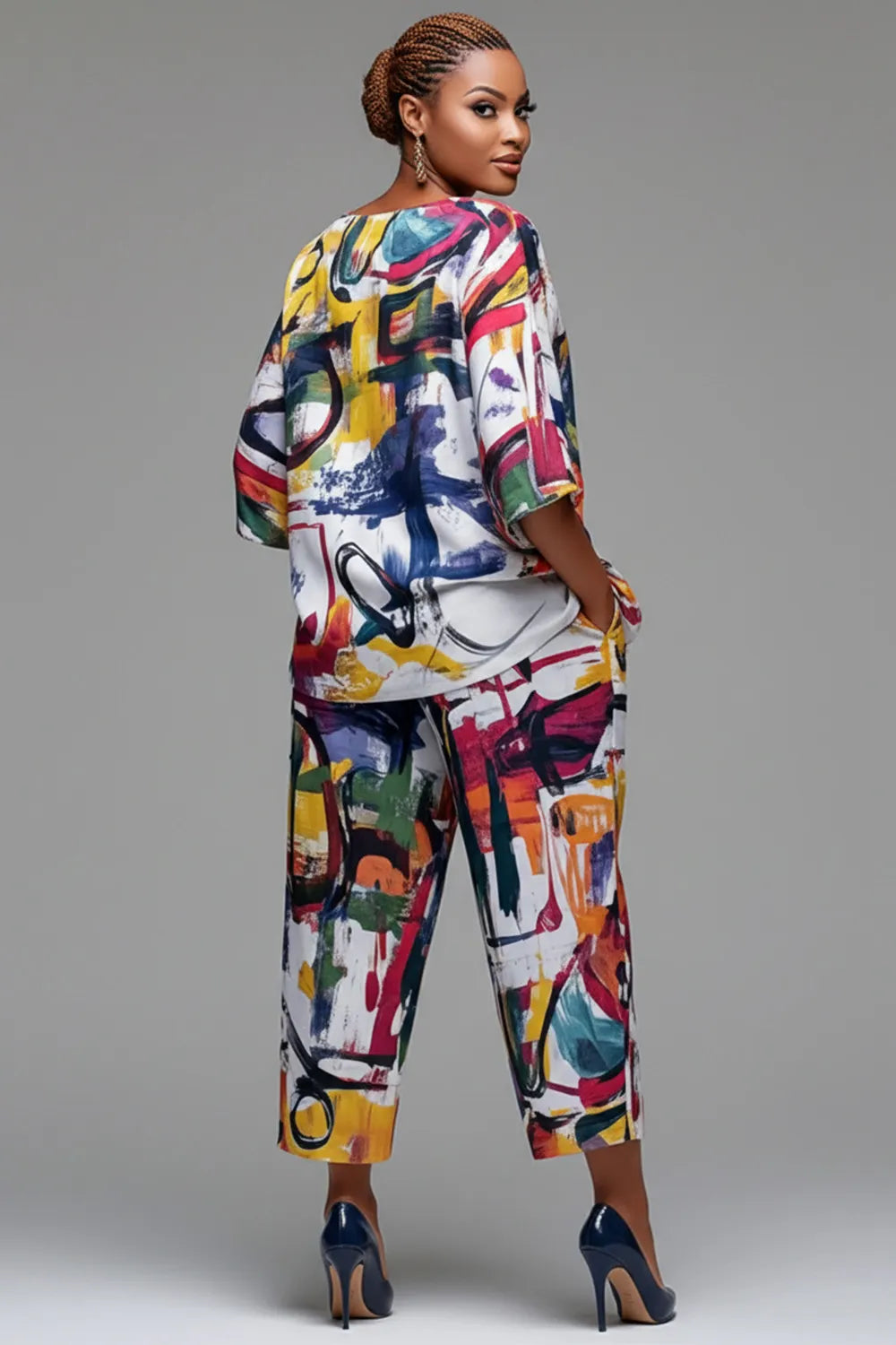 Xpluswear Design Plus Size Vacation Multicolor All Over Print Round Neck Flare 3/4 Sleeve Pocket Two Piece Pant Sets
