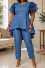 Xpluswear Design Plus Size Business Casual Tulle Blue Round Neck Short Sleeve Ruffle Asymmetric Hem Irregular Hem Tencel Denim Blouses [Pre-Order]
