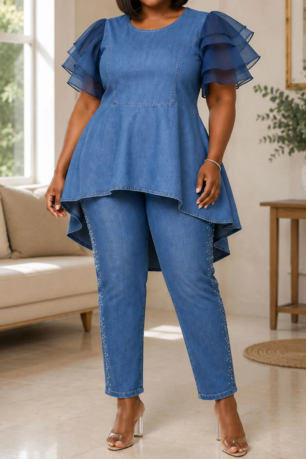 Xpluswear Design Plus Size Business Casual Tulle Blue Round Neck Short Sleeve Ruffle Asymmetric Hem Irregular Hem Tencel Denim Blouses [Pre-Order]