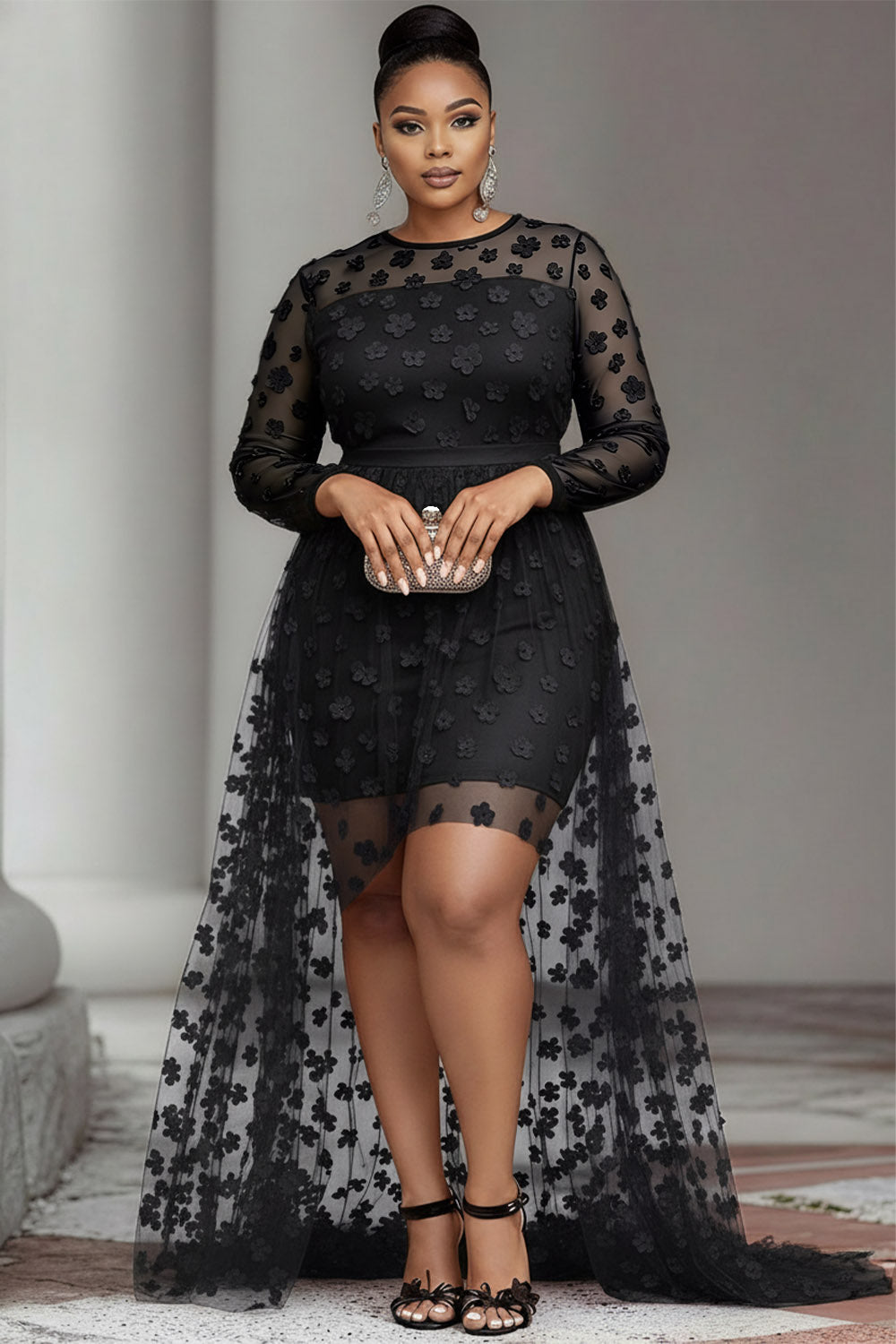 Xpluswear Design Plus Size Party Red Round Neck Long Sleeve High Low Hem Elegant See Through Tulle Mini Dresses
