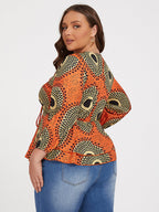 Plus Orange Tropical Print Tie Front Ruffle Blouse