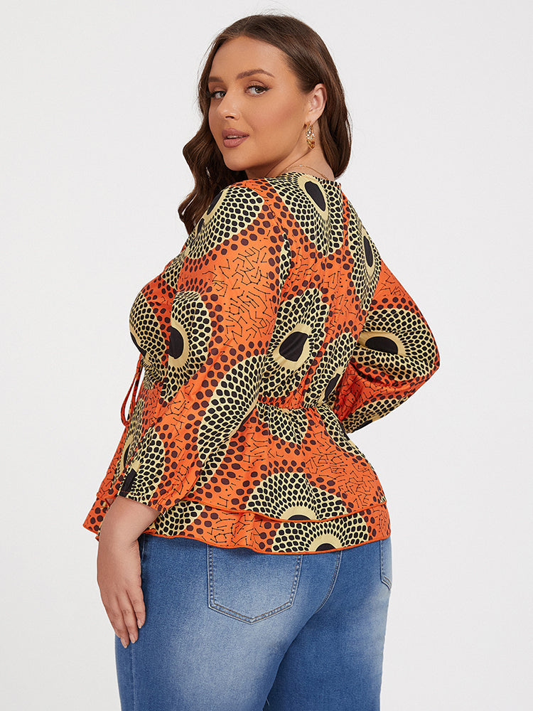 Plus Orange Tropical Print Tie Front Ruffle Blouse
