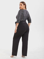 V-Neck Contrast Belted Sequin Jumpsuit