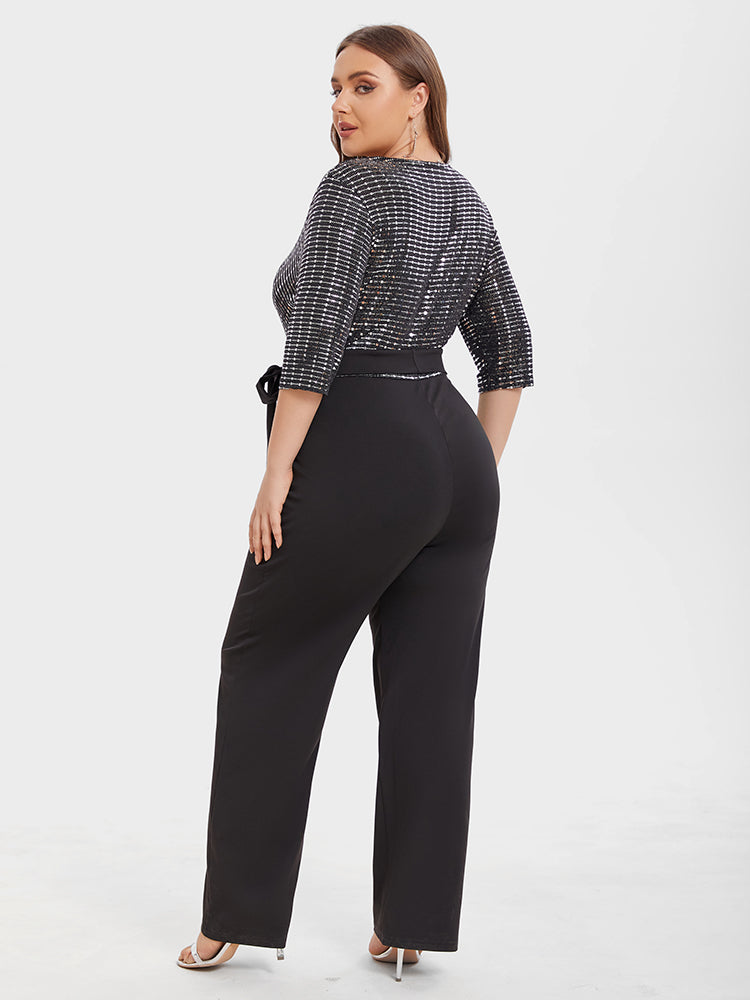 V-Neck Contrast Belted Sequin Jumpsuit