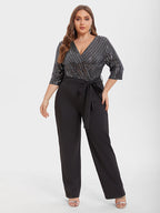 V-Neck Contrast Belted Sequin Jumpsuit