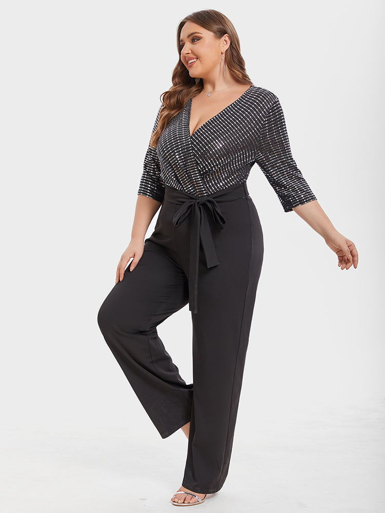 V-Neck Contrast Belted Sequin Jumpsuit