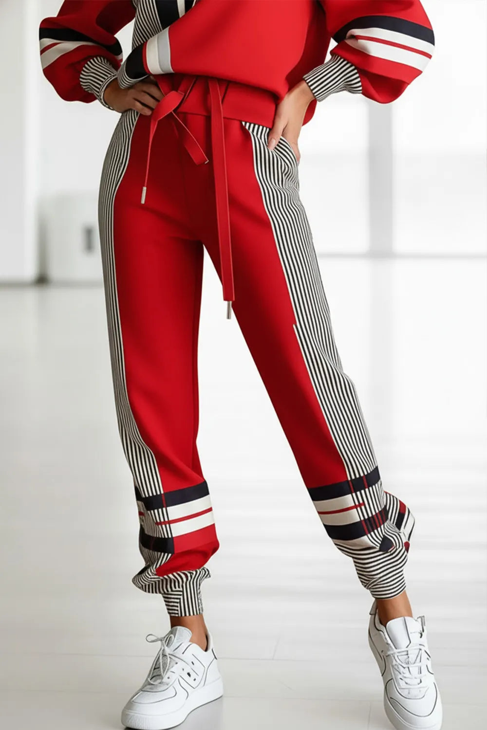 Plus Size Daily Red Striped Pull-On Waist Casual Pocket Pants